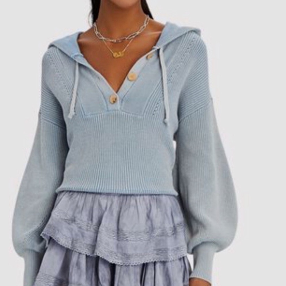 Veronica Beard Ursina Hooded Rib Knit Blue V-Neck Sweater with Balloon Sleeves
